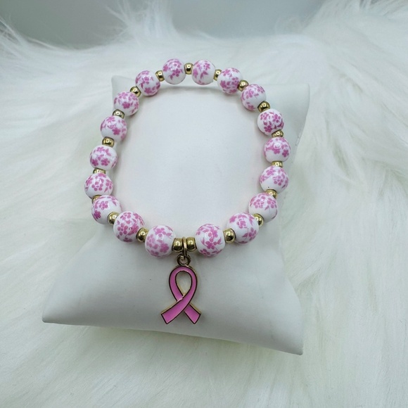 Chinese-Style Ceramic Floral Beaded Stretch Bracelet w/ Pink Breast Cancer Charm - Picture 3 of 6